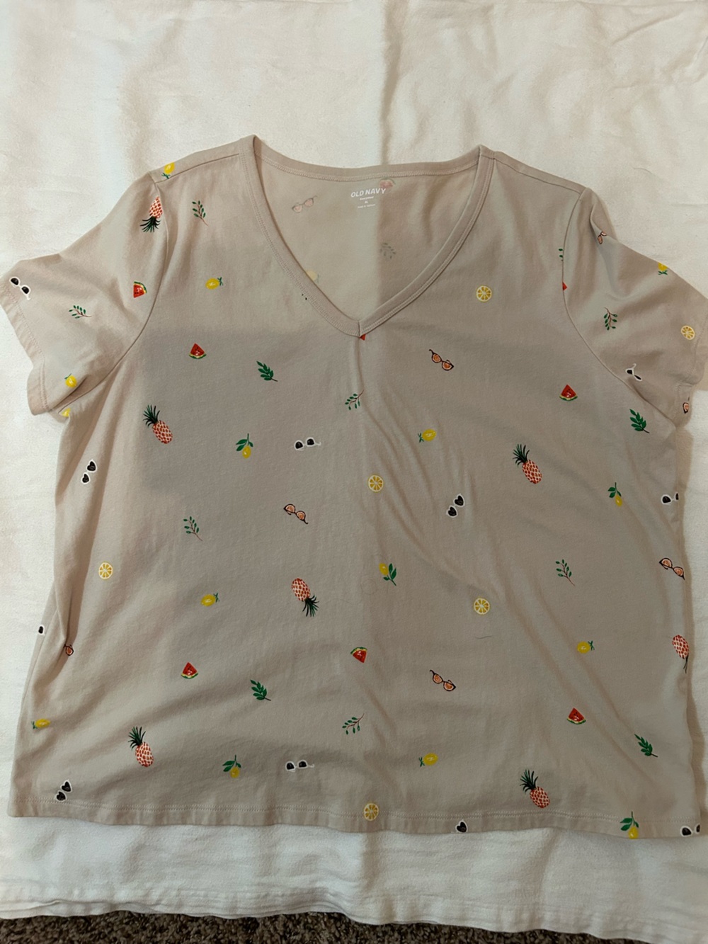 Old Navy Light Taupe V-Neck Tee with Tiny Fruit Motifs